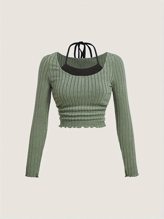 2in 1 Ribbed Knit Halter Neck T-Shirt