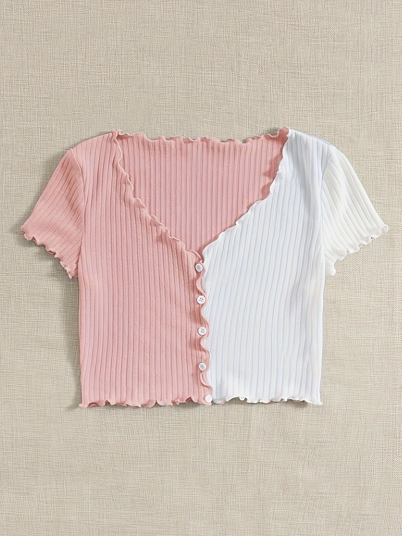 New Summer Women'S Fashion Short-Sleeve Color-Blocked V-Neck T-Shirt with Ruffled Edges.