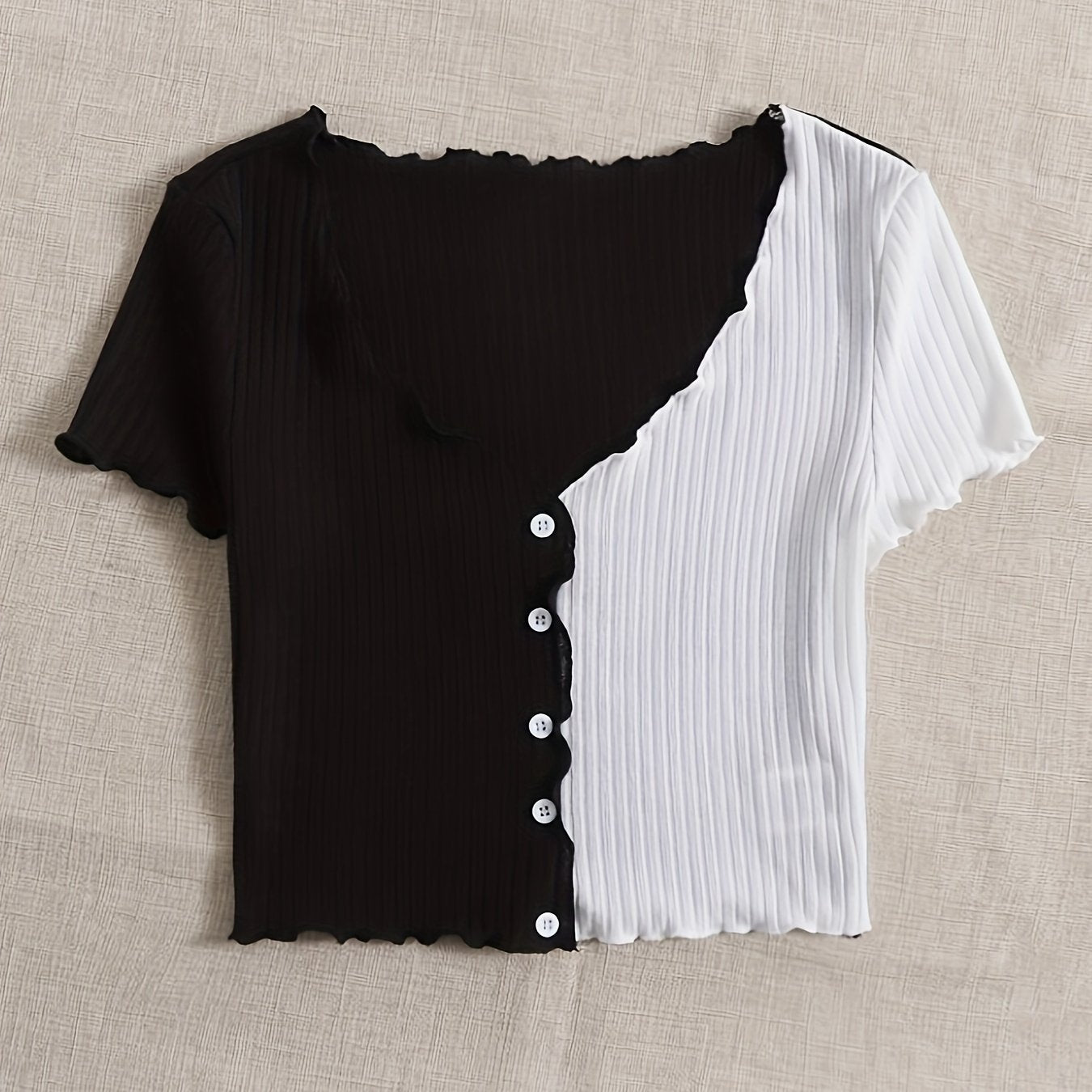 New Summer Women'S Fashion Short-Sleeve Color-Blocked V-Neck T-Shirt with Ruffled Edges.