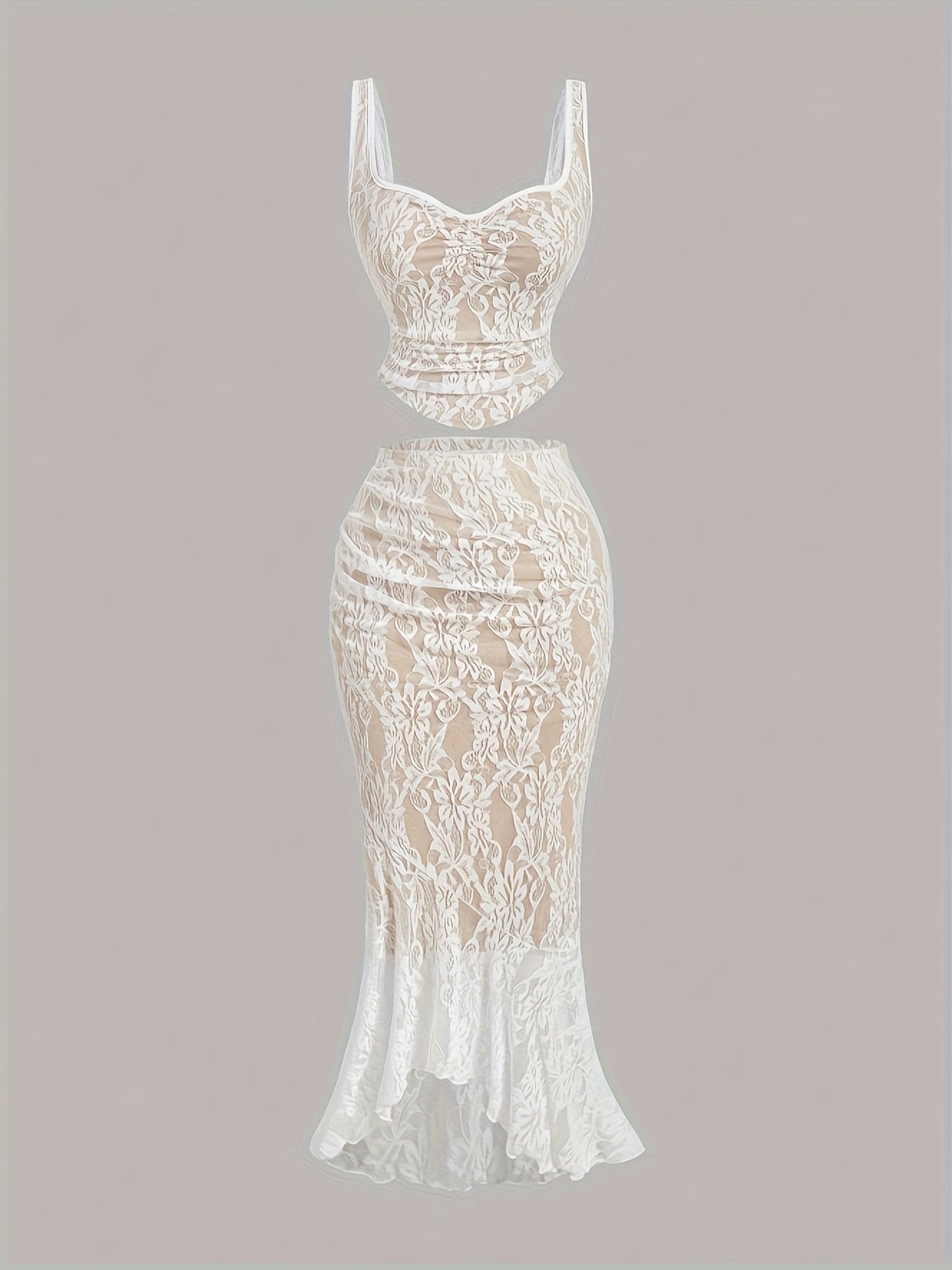 White Lace Vest and Fish Tail Skirt Set