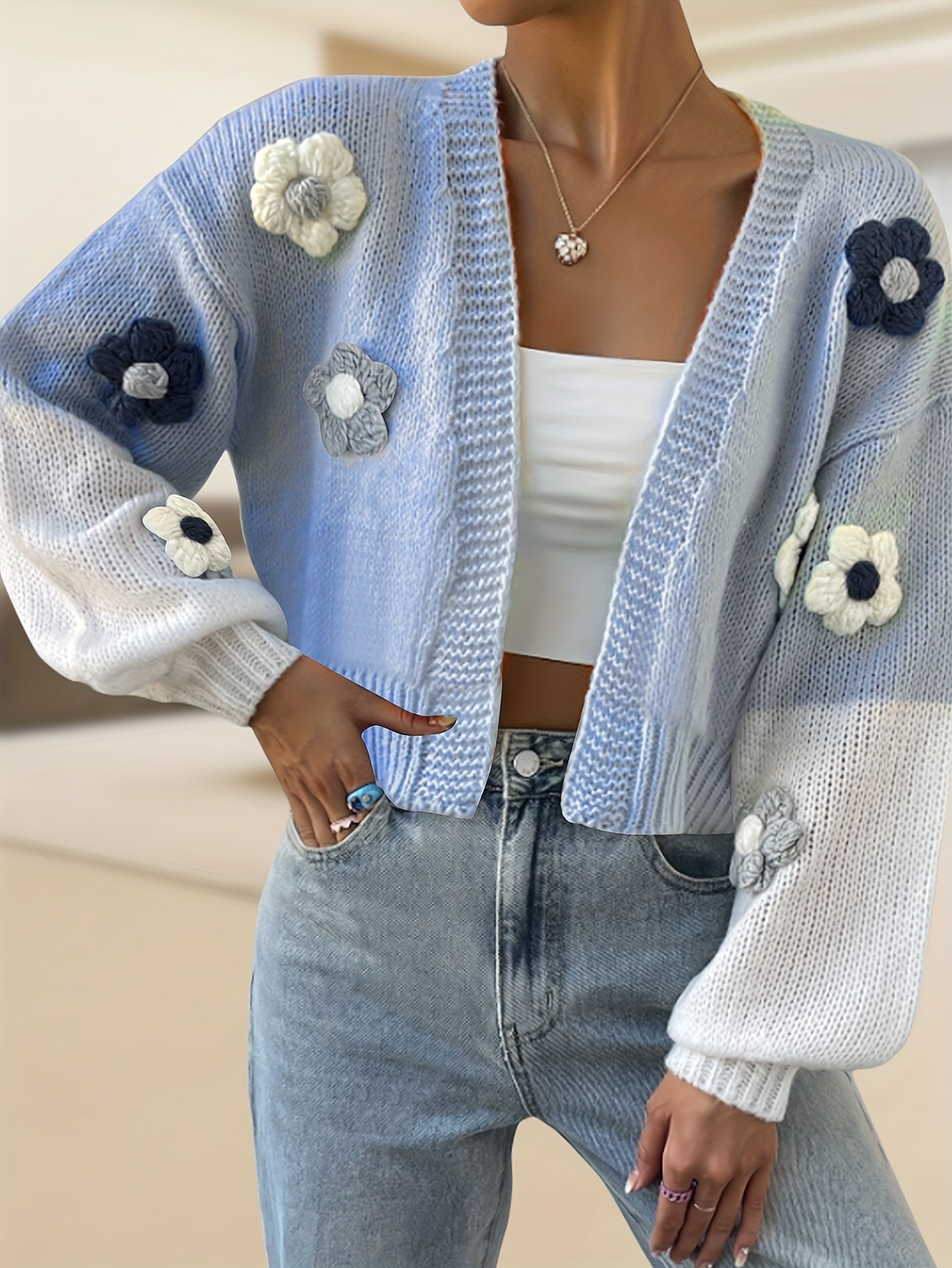 Open Front Floral Long Sleeve Cardigan