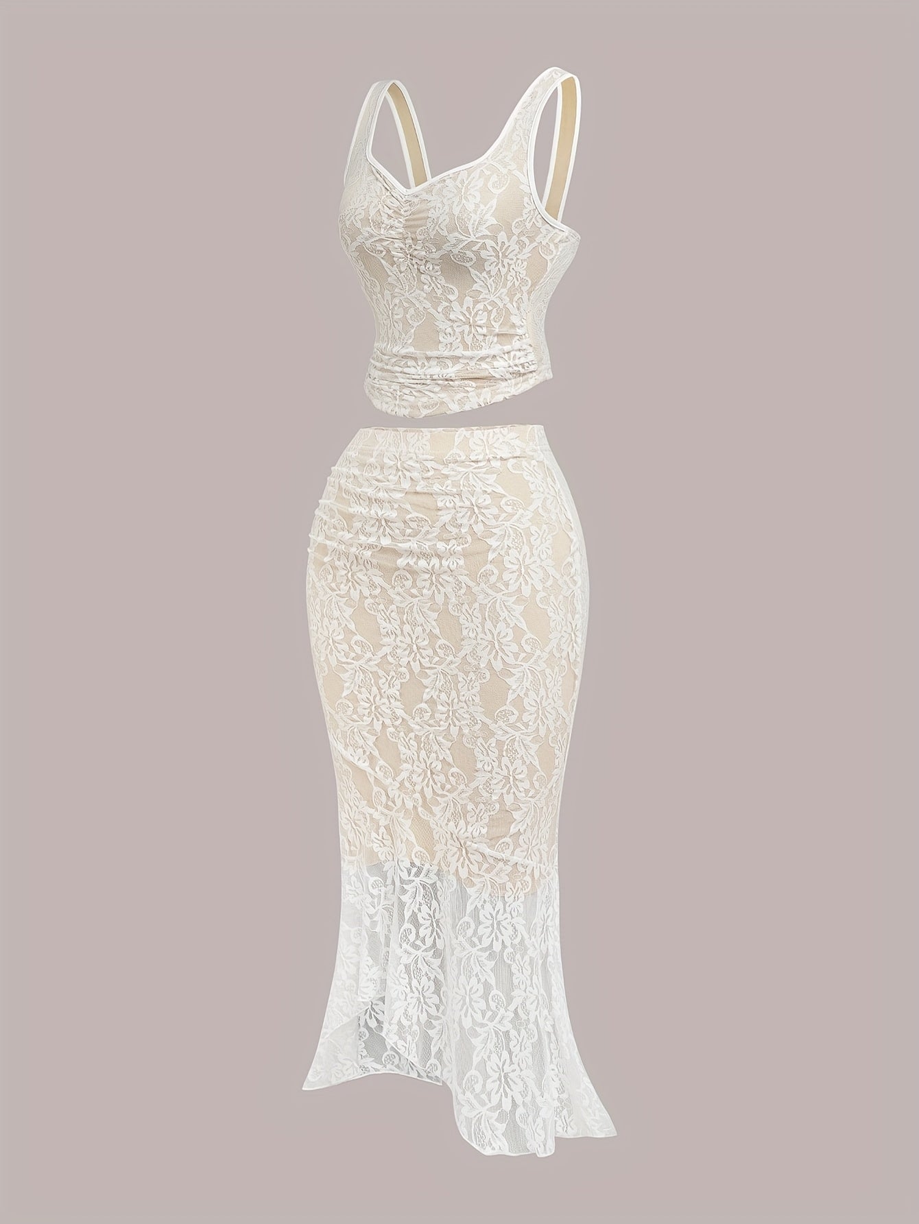 White Lace Vest and Fish Tail Skirt Set