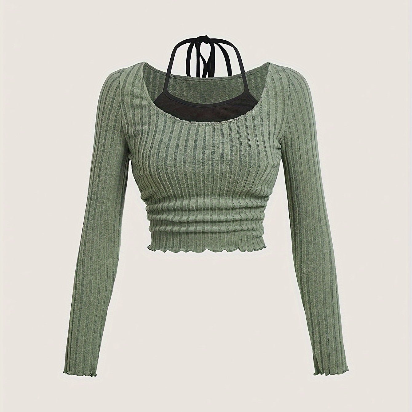 2in 1 Ribbed Knit Halter Neck T-Shirt