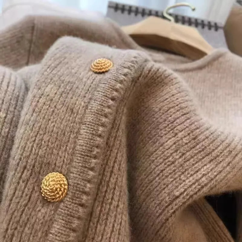 Crew neck 100 pure cashmere cardigan small fragrant coat women's spring and autumn loose wool knit sweater