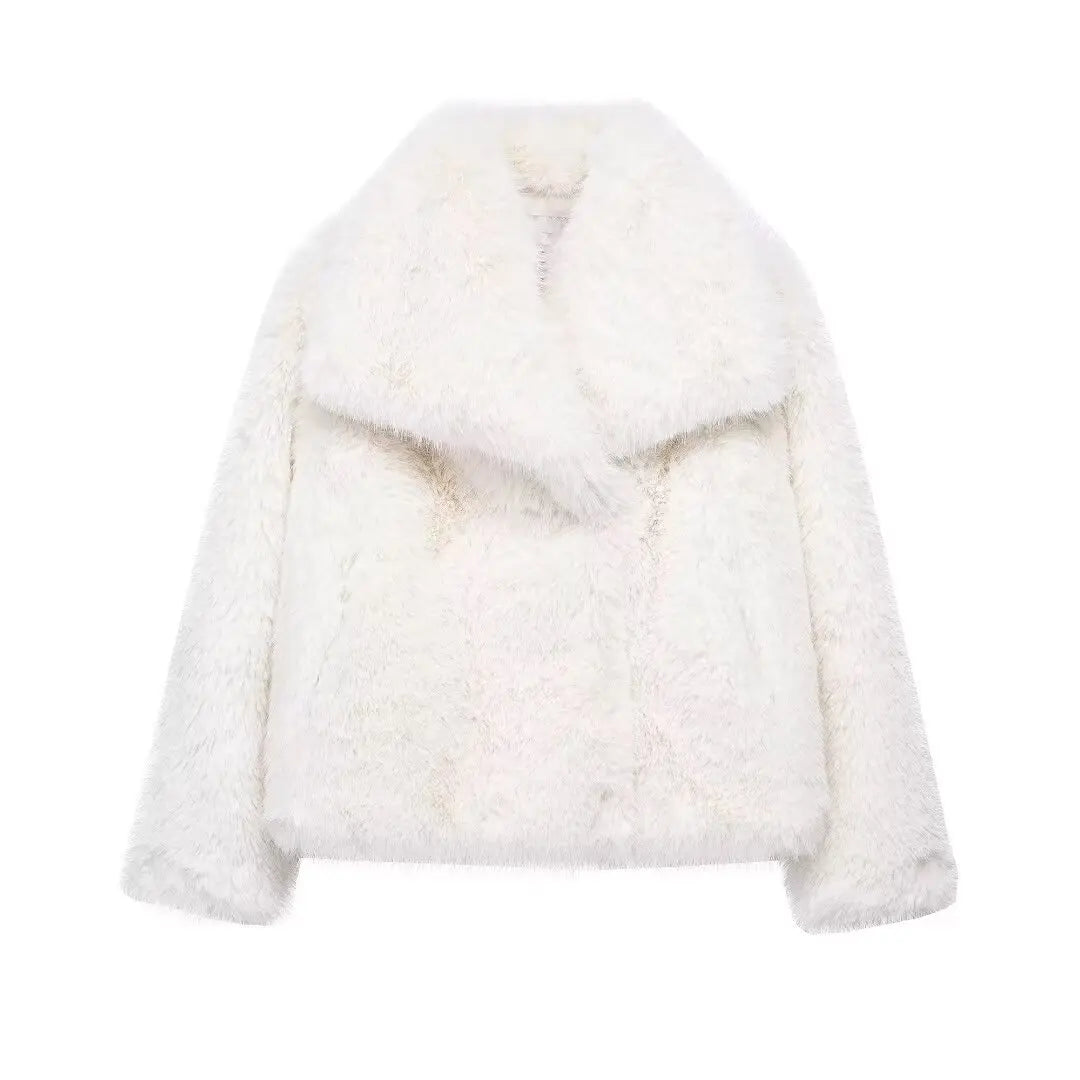 Women Cropped Faux Fur Jacket Coat Long Sleeve Front Snap-button Female Outerwear Chic Lapel Collar Thick Coat