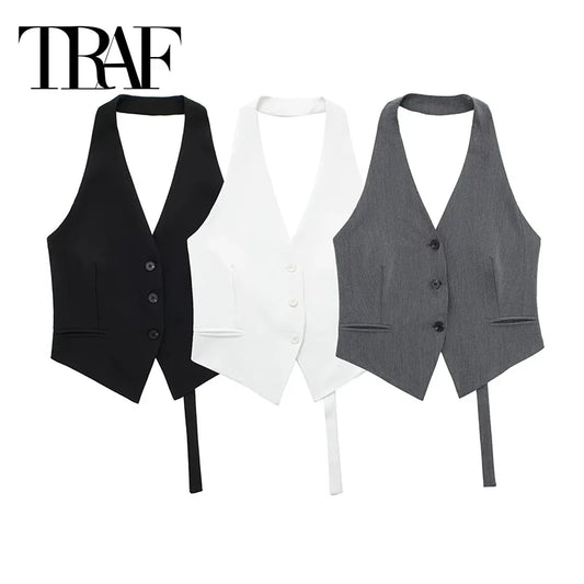 TRAF Off Shoulder Sleeveless Vest Women Black White Cropped Vest Woman Fashion Backless V Neck Short Coats Summer Waistcoat