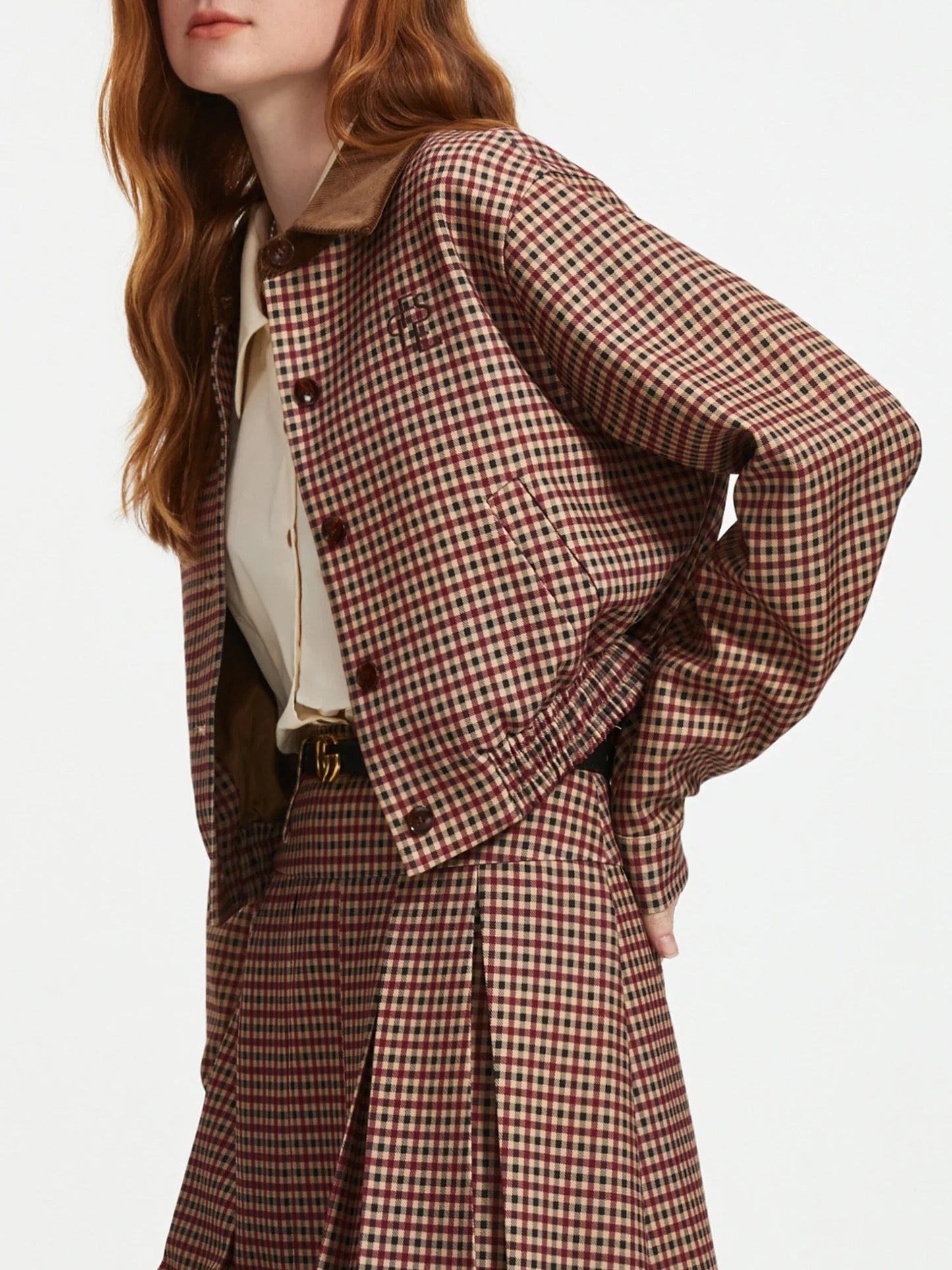 FSLE Women Jacket Skirt Sets Red Brown Retro Plaid Female Drop Sleeve Casual Short Coats Pleated Skirt 24FS13343+24FS13347