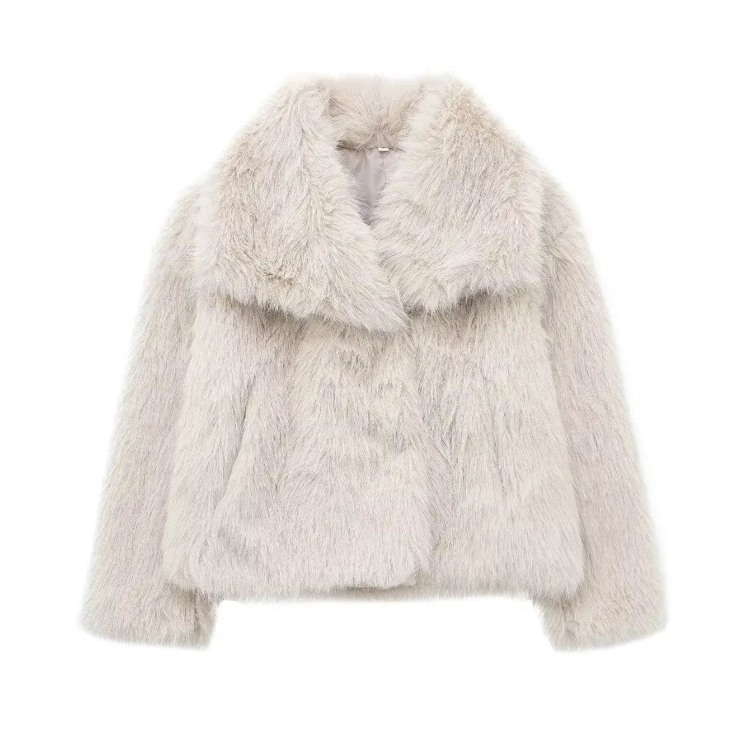 Women Cropped Faux Fur Jacket Coat Long Sleeve Front Snap-button Female Outerwear Chic Lapel Collar Thick Coat