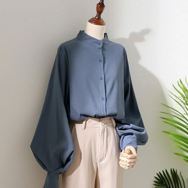 Woman Spring Autumn Style Blouses Shirt Lady Long Lantern Sleeve Stand Collar Loose Blusas Tops DF4847