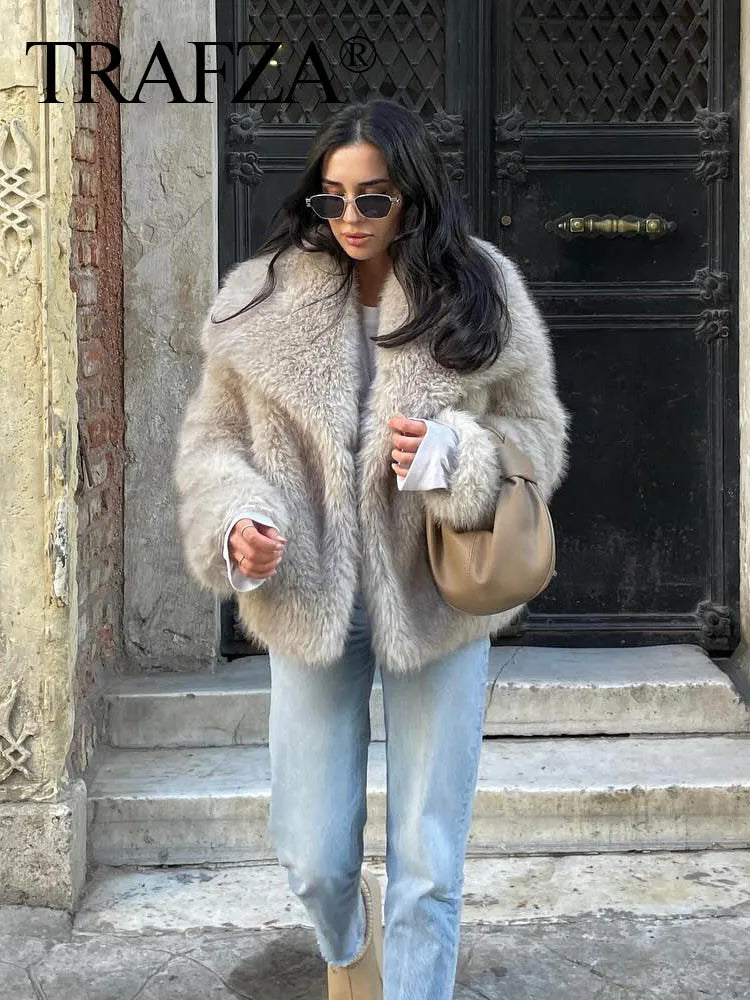 Women Cropped Faux Fur Jacket Coat Long Sleeve Front Snap-button Female Outerwear Chic Lapel Collar Thick Coat