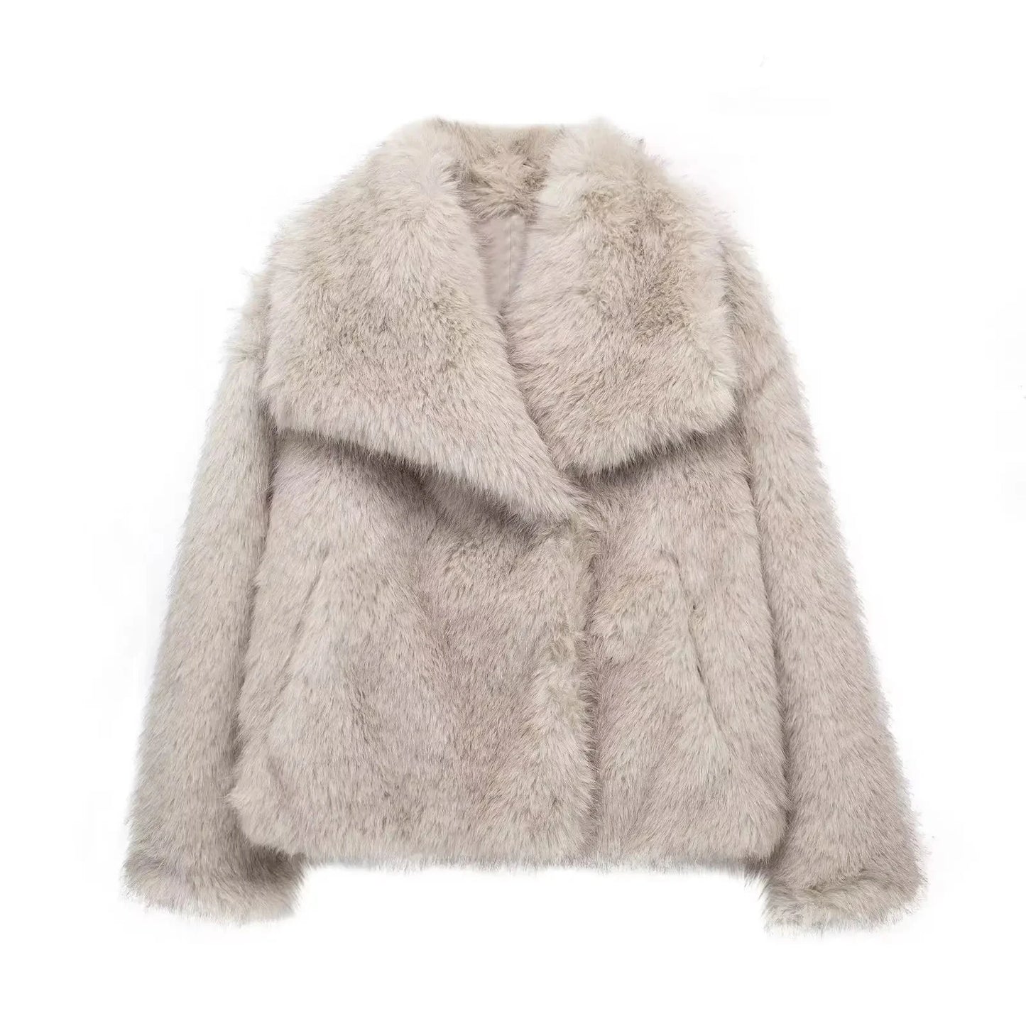 Women Cropped Faux Fur Jacket Coat Long Sleeve Front Snap-button Female Outerwear Chic Lapel Collar Thick Coat