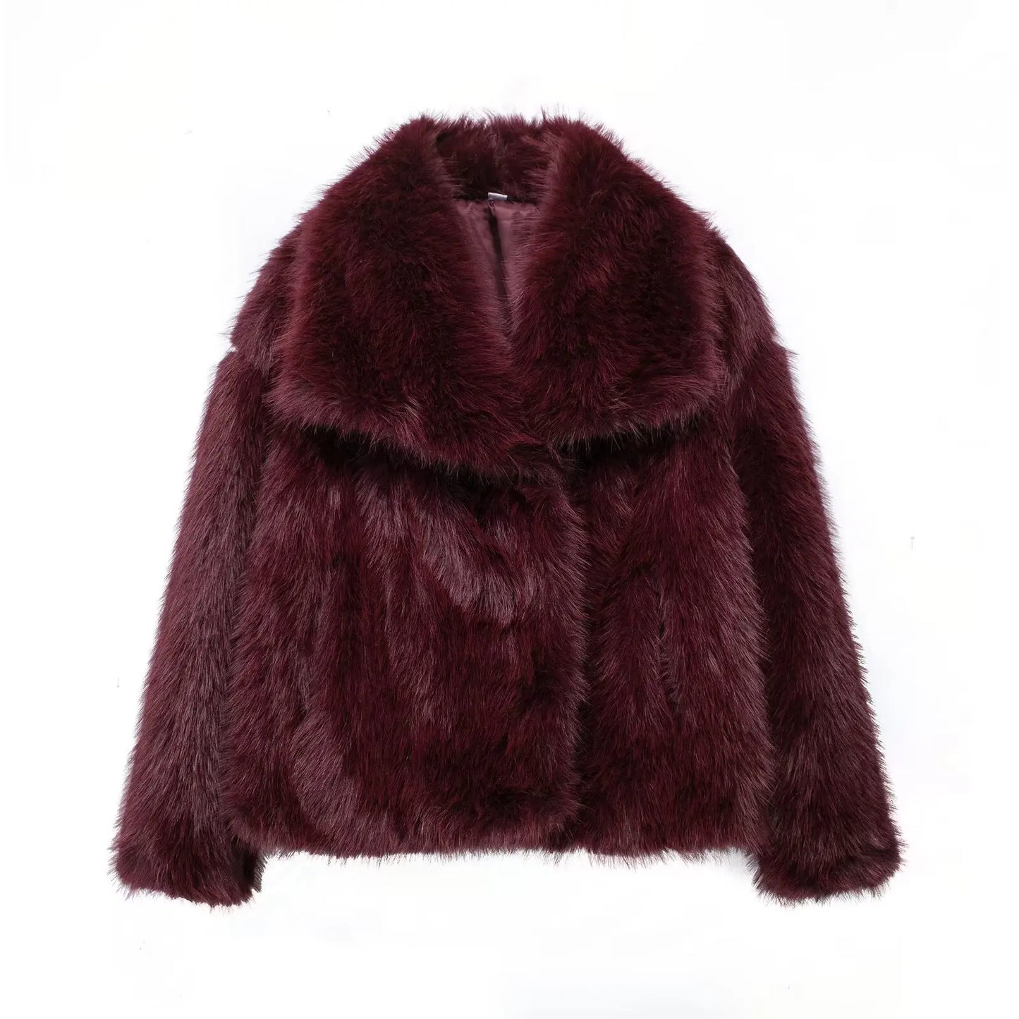 Women Cropped Faux Fur Jacket Coat Long Sleeve Front Snap-button Female Outerwear Chic Lapel Collar Thick Coat