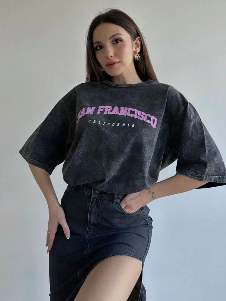 Hirsionsan Acid Washed T Shirt Women Vintage Cotton T-shirts Streetwear Soft Mineral Tees Girl Loose Luxury Brand Tops Y2k