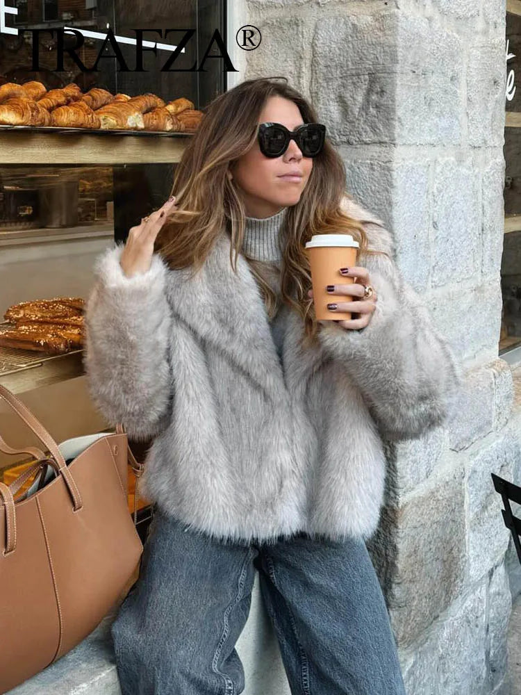 Women Cropped Faux Fur Jacket Coat Long Sleeve Front Snap-button Female Outerwear Chic Lapel Collar Thick Coat