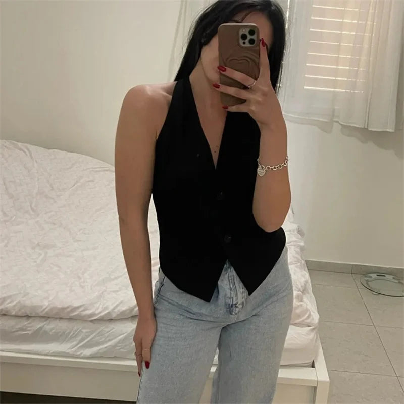 TRAF Off Shoulder Sleeveless Vest Women Black White Cropped Vest Woman Fashion Backless V Neck Short Coats Summer Waistcoat