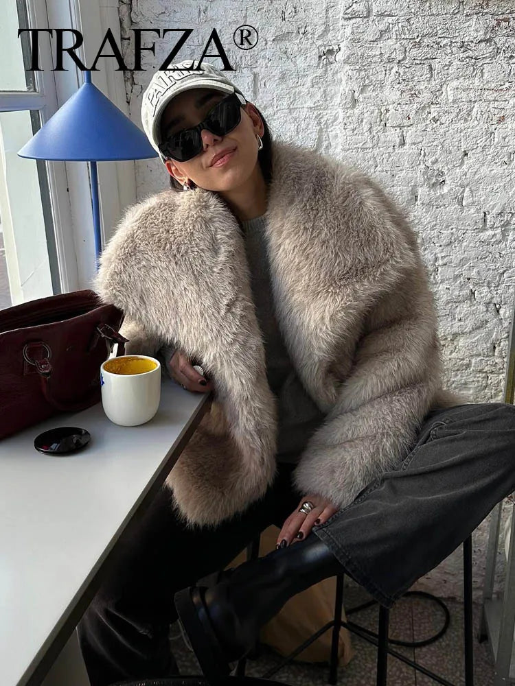 Women Cropped Faux Fur Jacket Coat Long Sleeve Front Snap-button Female Outerwear Chic Lapel Collar Thick Coat