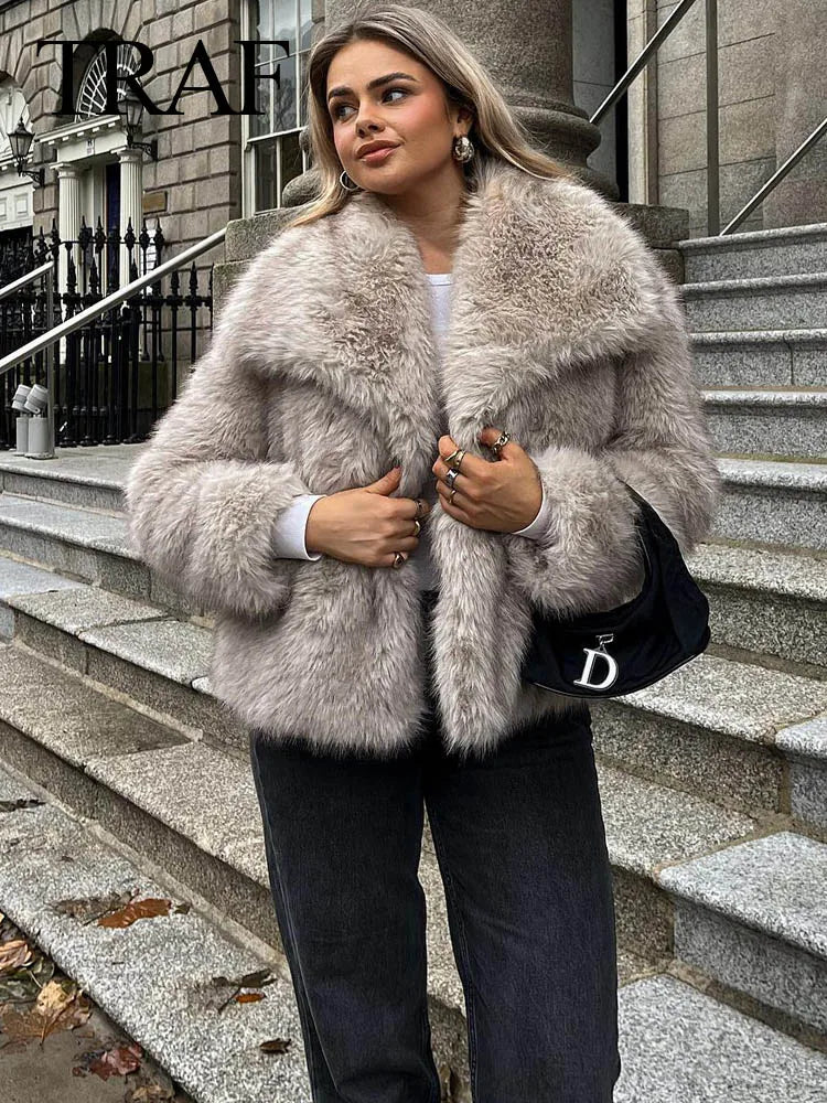 Women Cropped Faux Fur Jacket Coat Long Sleeve Front Snap-button Female Outerwear Chic Lapel Collar Thick Coat