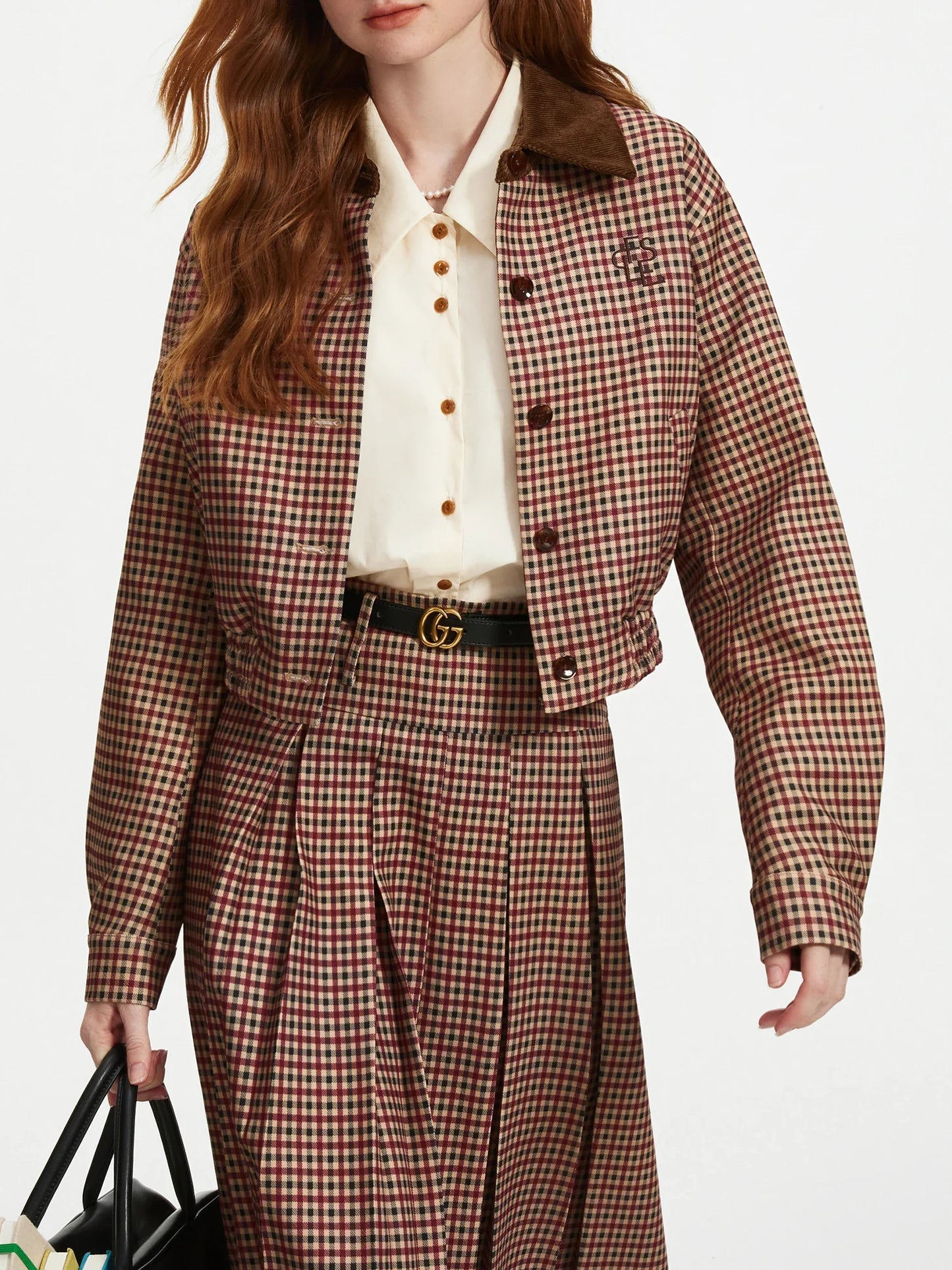 FSLE Women Jacket Skirt Sets Red Brown Retro Plaid Female Drop Sleeve Casual Short Coats Pleated Skirt 24FS13343+24FS13347