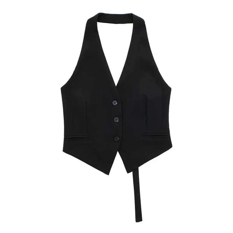 TRAF Off Shoulder Sleeveless Vest Women Black White Cropped Vest Woman Fashion Backless V Neck Short Coats Summer Waistcoat