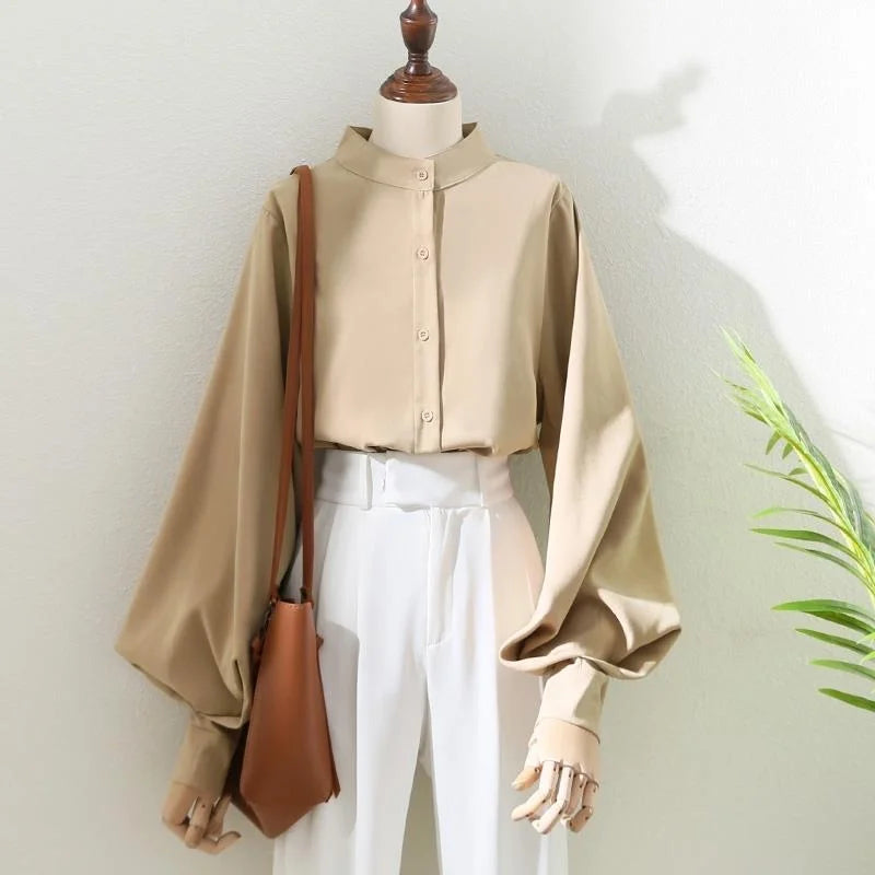 Woman Spring Autumn Style Blouses Shirt Lady Long Lantern Sleeve Stand Collar Loose Blusas Tops DF4847