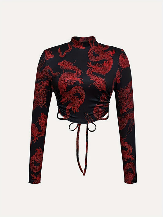 Dragon Print Mock Neck T-Shirt