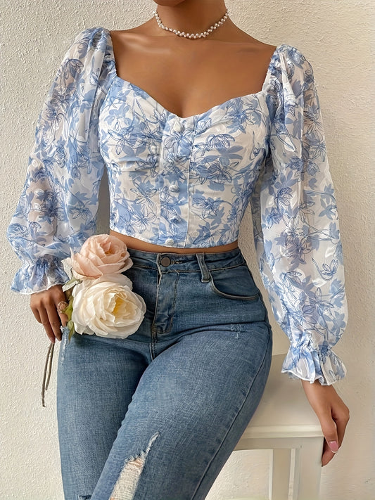 Floral Sweetheart Neck Blouse