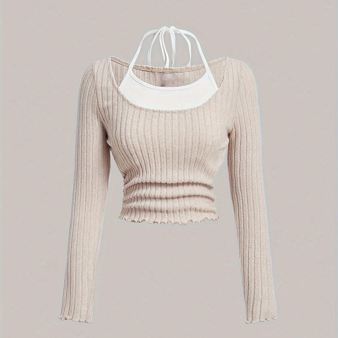 2in 1 Ribbed Knit Halter Neck T-Shirt