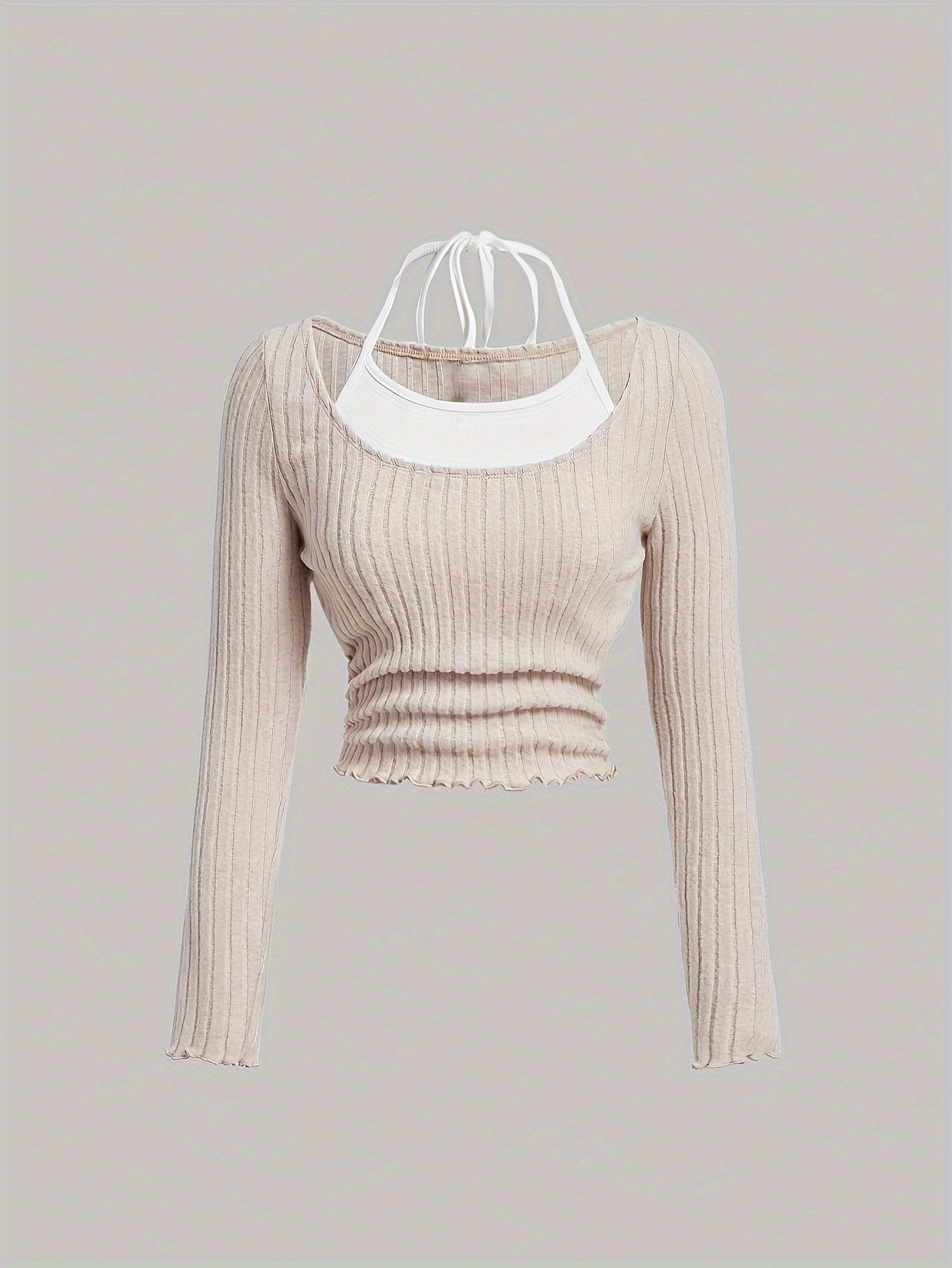 2in 1 Ribbed Knit Halter Neck T-Shirt