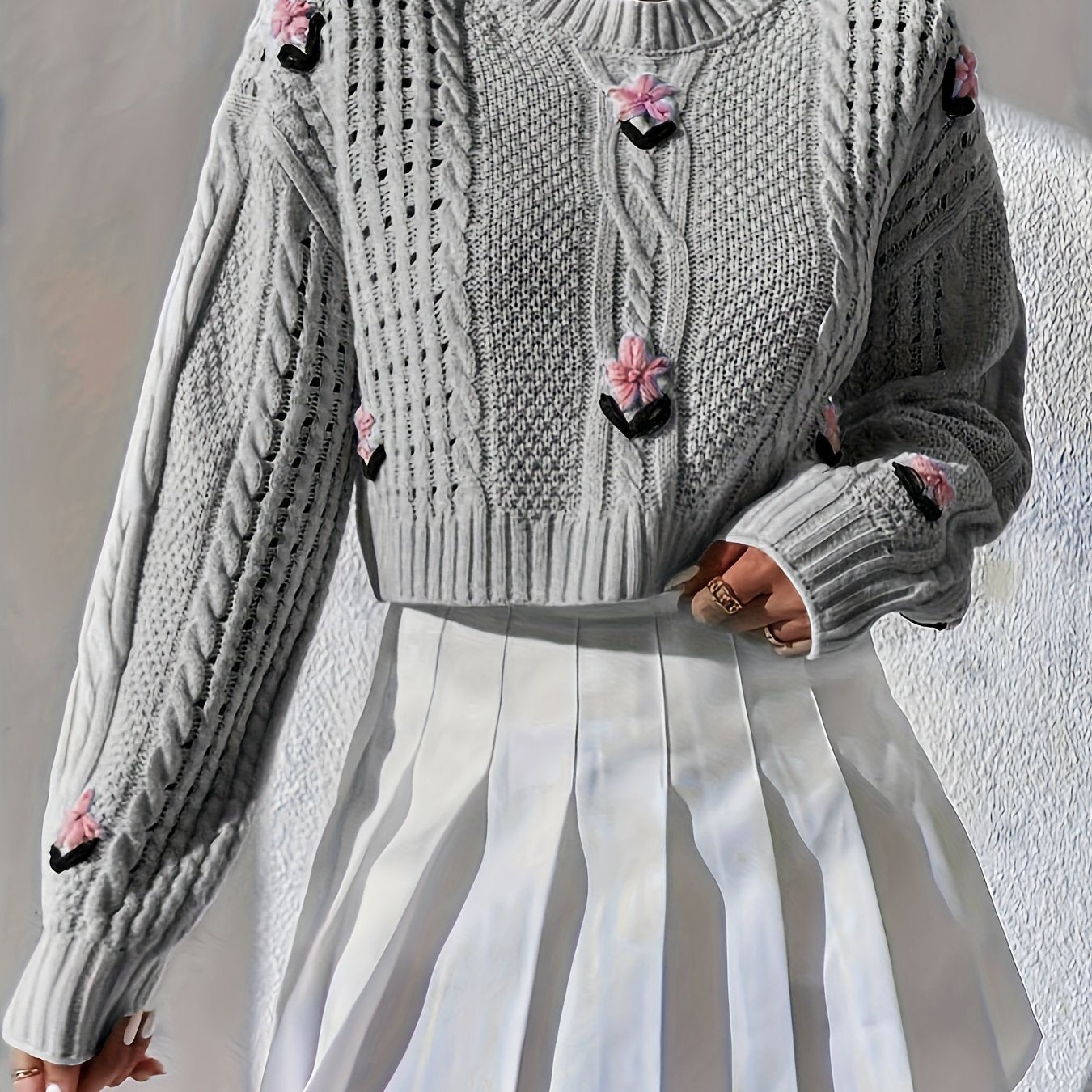 Hand-embroidered Retro Sweater Set With Flower Pattern