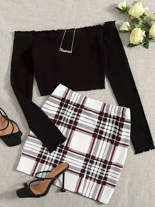 Skirt Set Long Sleeve Crop T-shirt & Plaid Print Slim Skirt