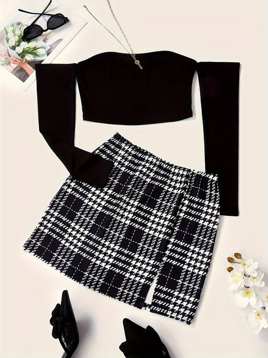 Plaid Skirt Set & Off Shoulder Long Sleeve Top