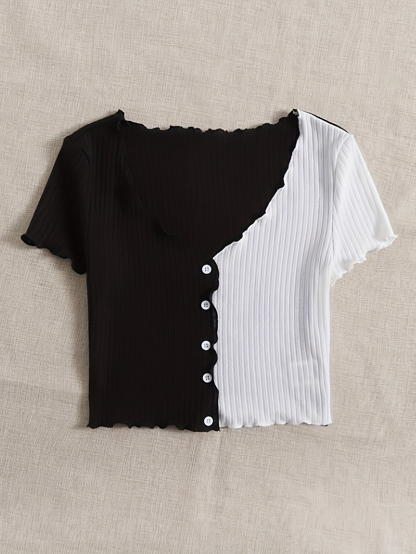 New Summer Women'S Fashion Short-Sleeve Color-Blocked V-Neck T-Shirt with Ruffled Edges.